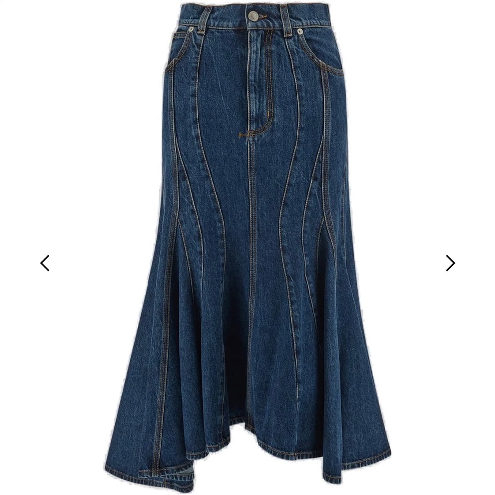 Alexander McQueen Paneled Pleated Denim Midi Skirt In Washed Blue